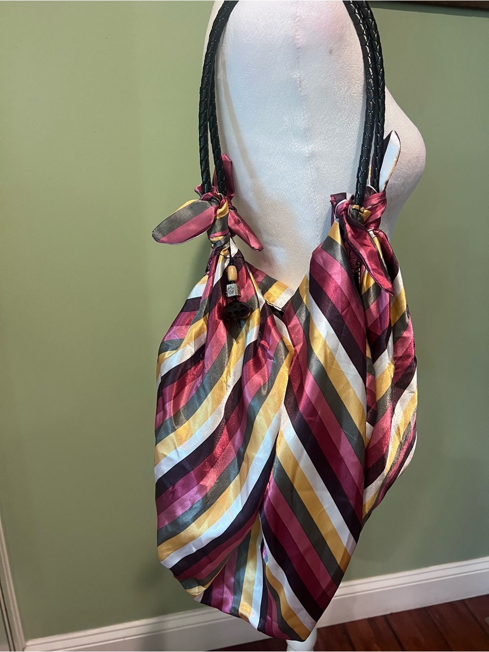 Striped Satin Shoulder Bag in Burgundy, Gold, Black and Cream
